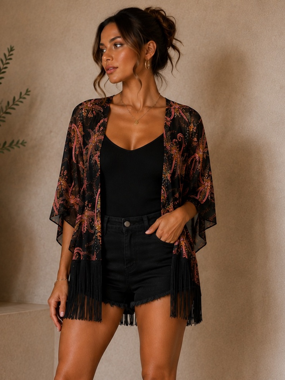 Charlotte Russe Black Paisley Fringe Kimono Cardigan Size M